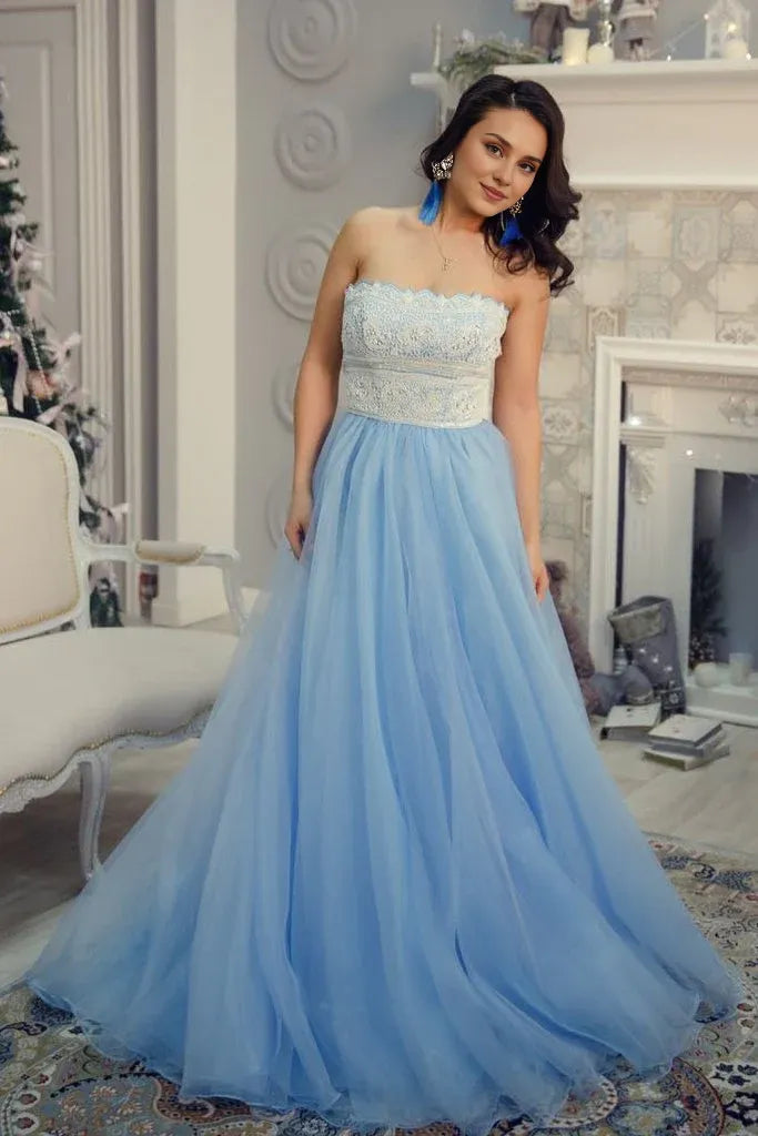 Prom Dresses Stores Princess Strapless Sky Blue Long Tulle A Line Prom Dress with White Lace  Formal Women's Dresses